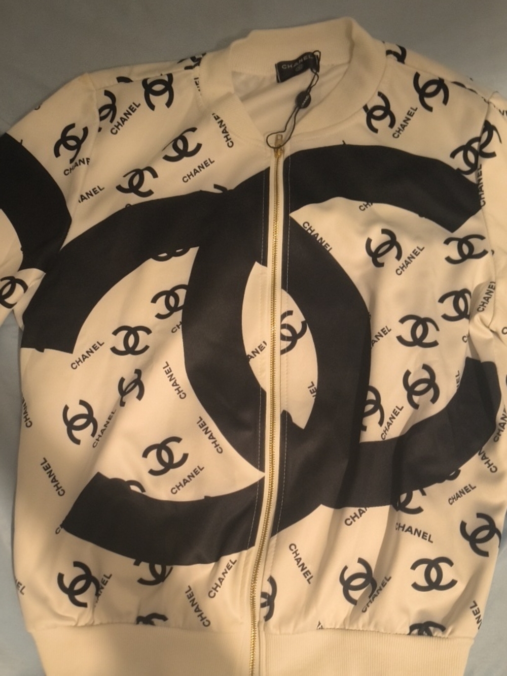Chanel Women's Black & White Logo Bomber Jacket